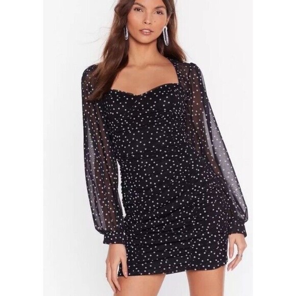 Nasty Gal Polka Dot Mini Dress Size US 6 / UK 10 Mesh Sleeve Ruched Romantic - Picture 1 of 8
